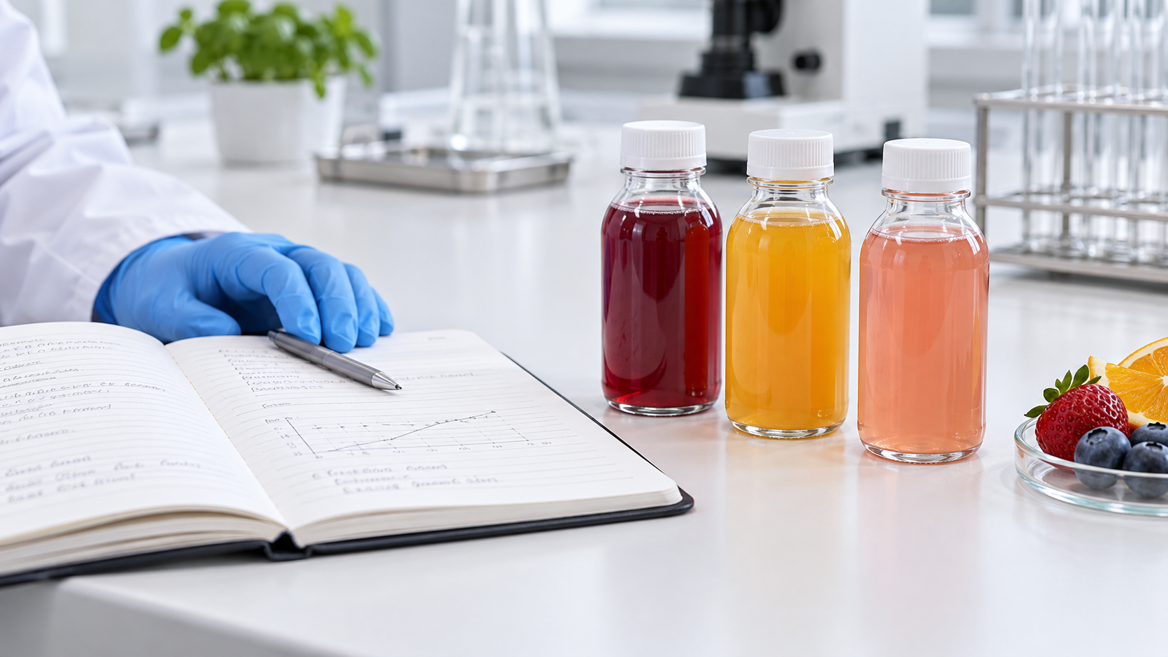 A laboratory notebook open beside three small sample bottles of coloured drink on a white bench, gloved hand resting near the notebook, clean even light, clinical commercial photography, 16:9 landscape