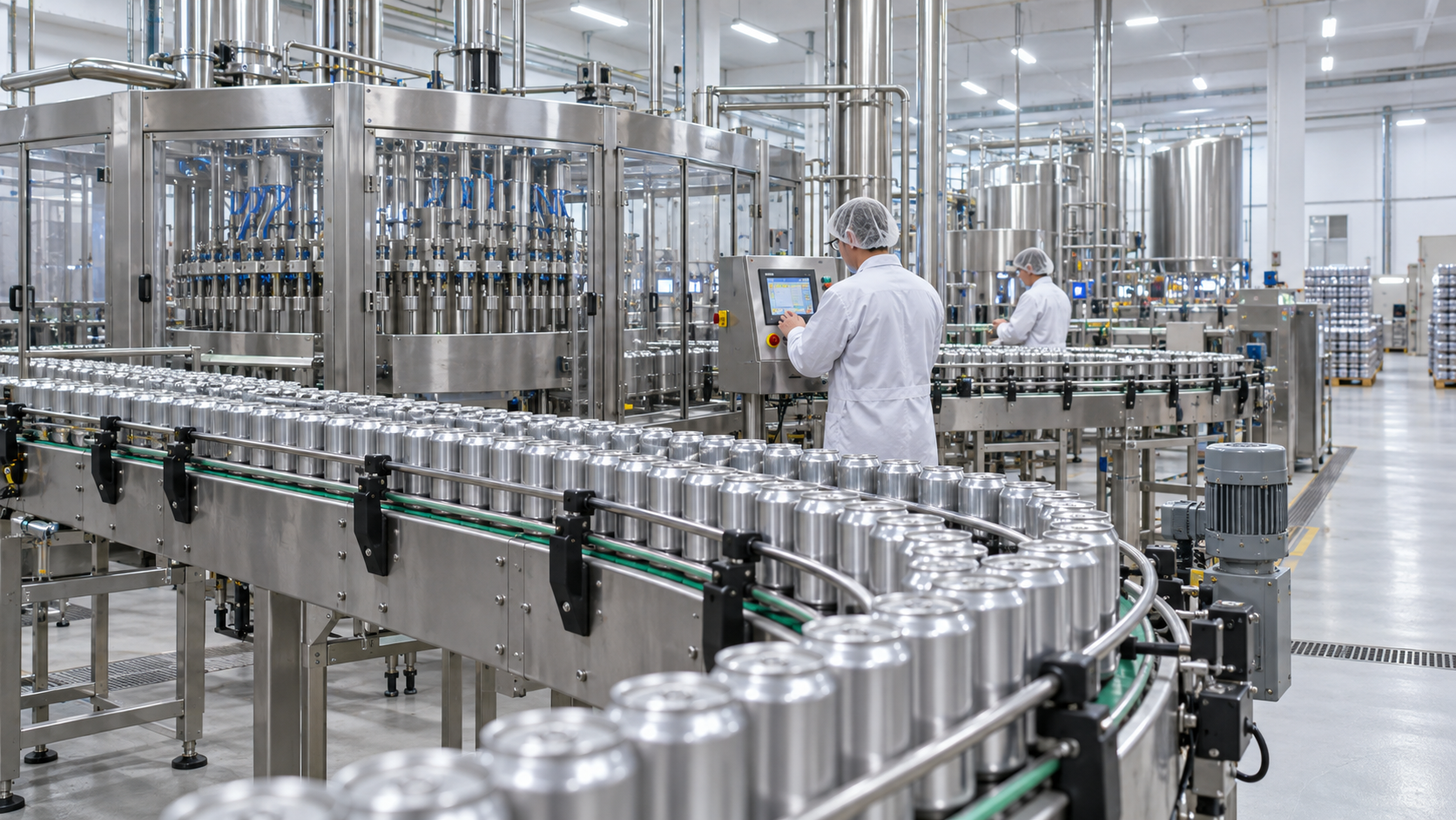 Wide shot of a clean beverage filling hall with stainless steel conveyors carrying unlabelled cans, operators in white coats and hairnets working at a control panel, bright even industrial lighting, realistic proportions, commercial photography, 16:9 landscape