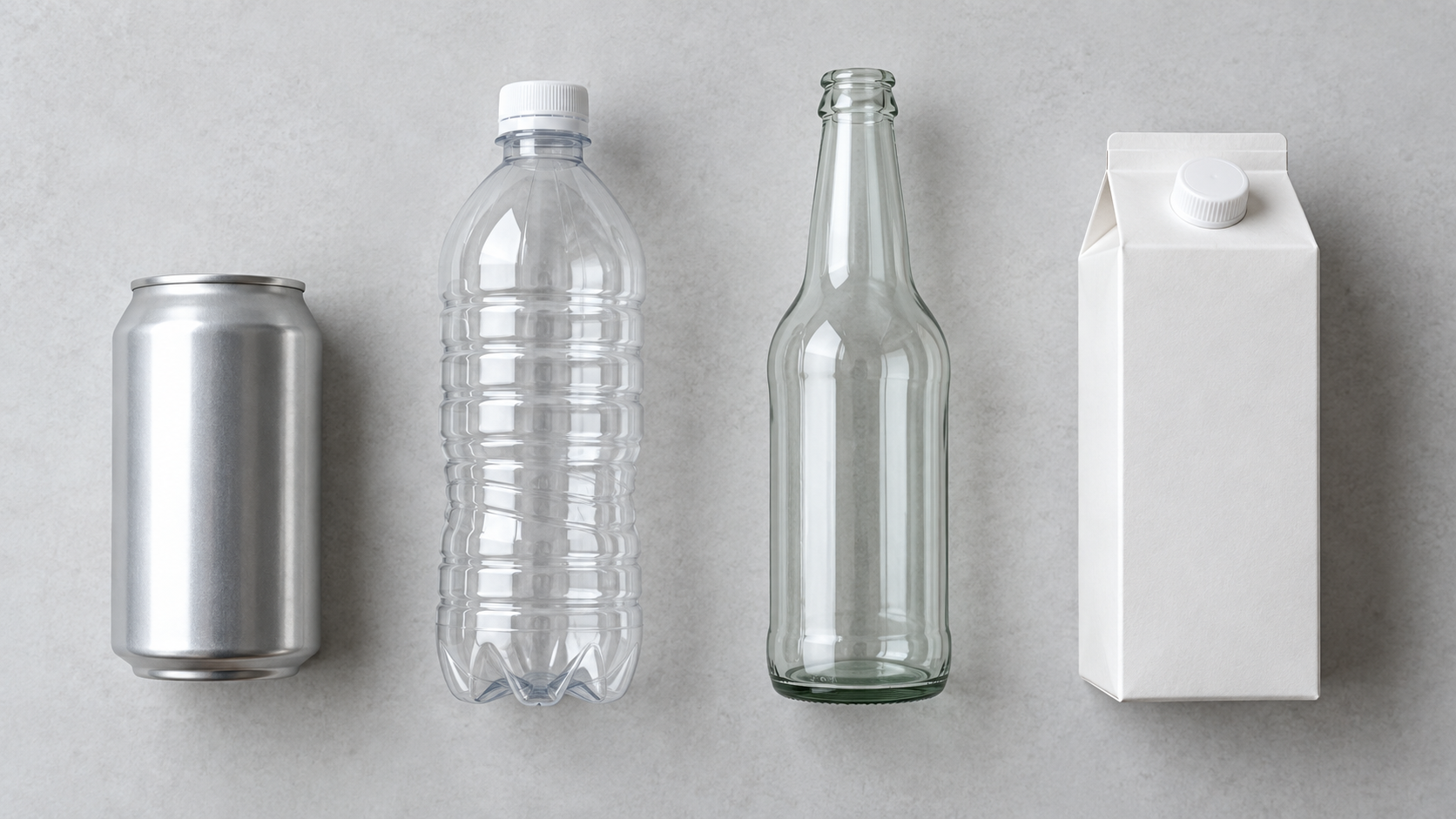 Flat overhead arrangement of four empty beverage packaging formats on a pale grey surface, aluminium can, clear PET bottle, glass bottle and carton pack, soft diffused studio light, clean minimal styling, no labels or branding, 16:9 landscape