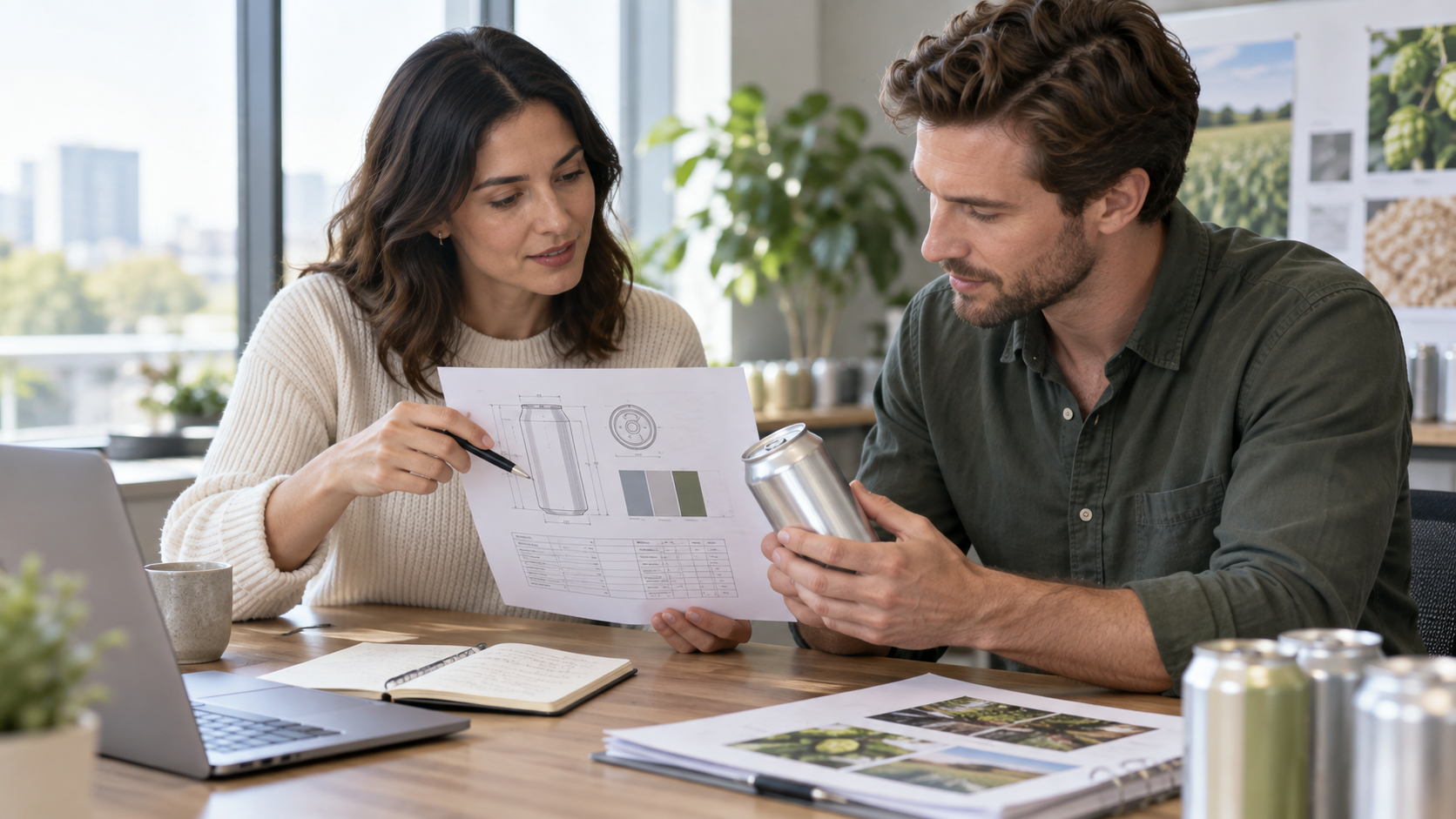 Two people reviewing a printed production specification sheet and a sample can across a meeting table in a bright office, notebook and laptop nearby, natural window light, shallow depth of field, professional commercial photography, 16:9 landscape