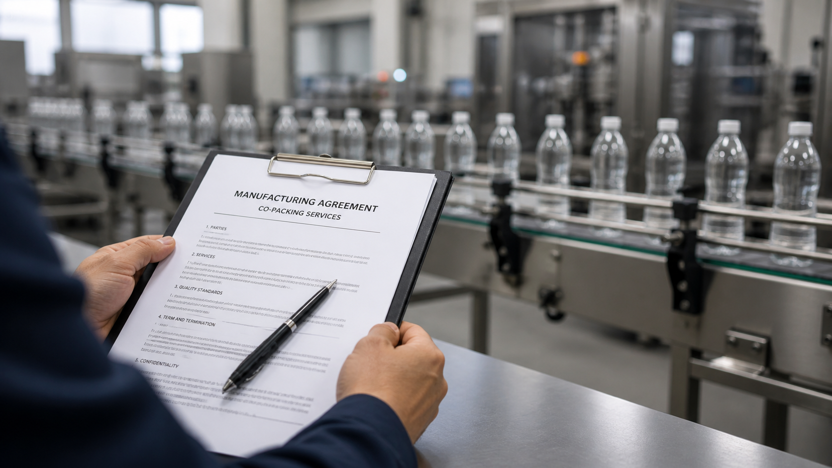Contract review with beverage bottles and co-packing line in background