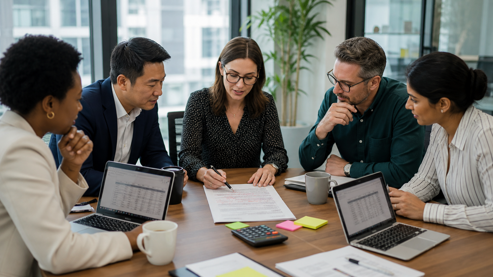 Procurement team negotiating beverage supply agreement terms at office table