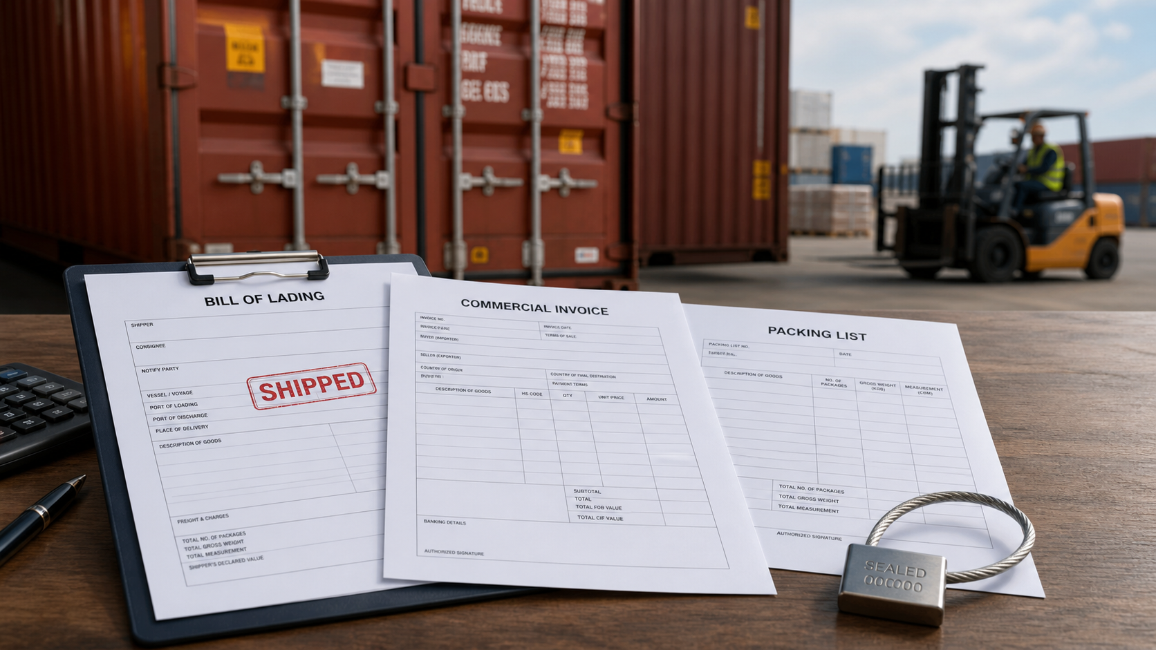 Bill of lading, invoice and packing list beside a sealed beverage container
