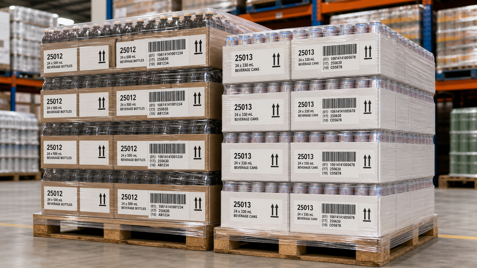 Palletized beverage cartons with shipping marks and GS1-128 barcode labels