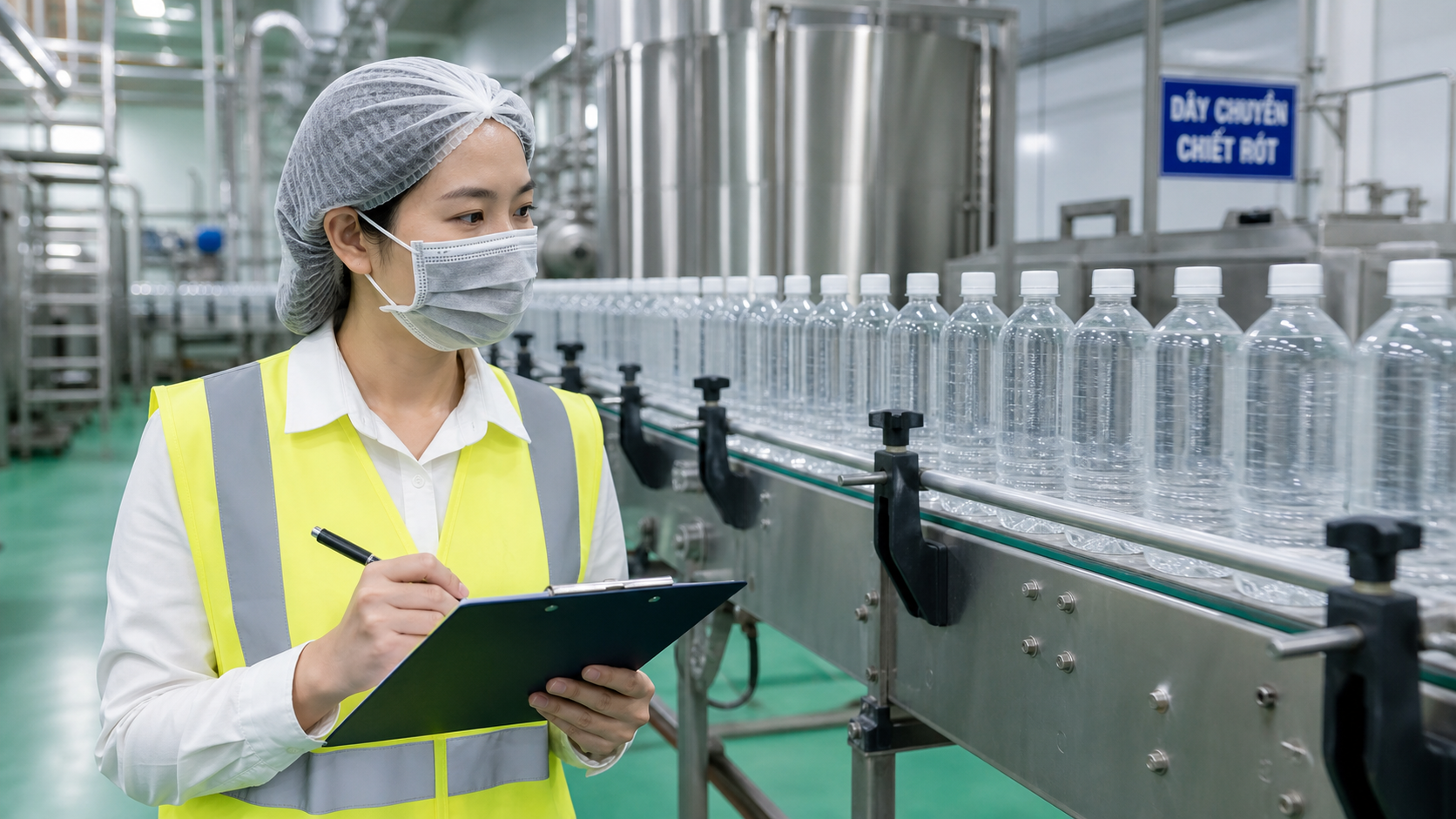 Auditor reviewing beverage bottling line in Vietnamese factory with PPE