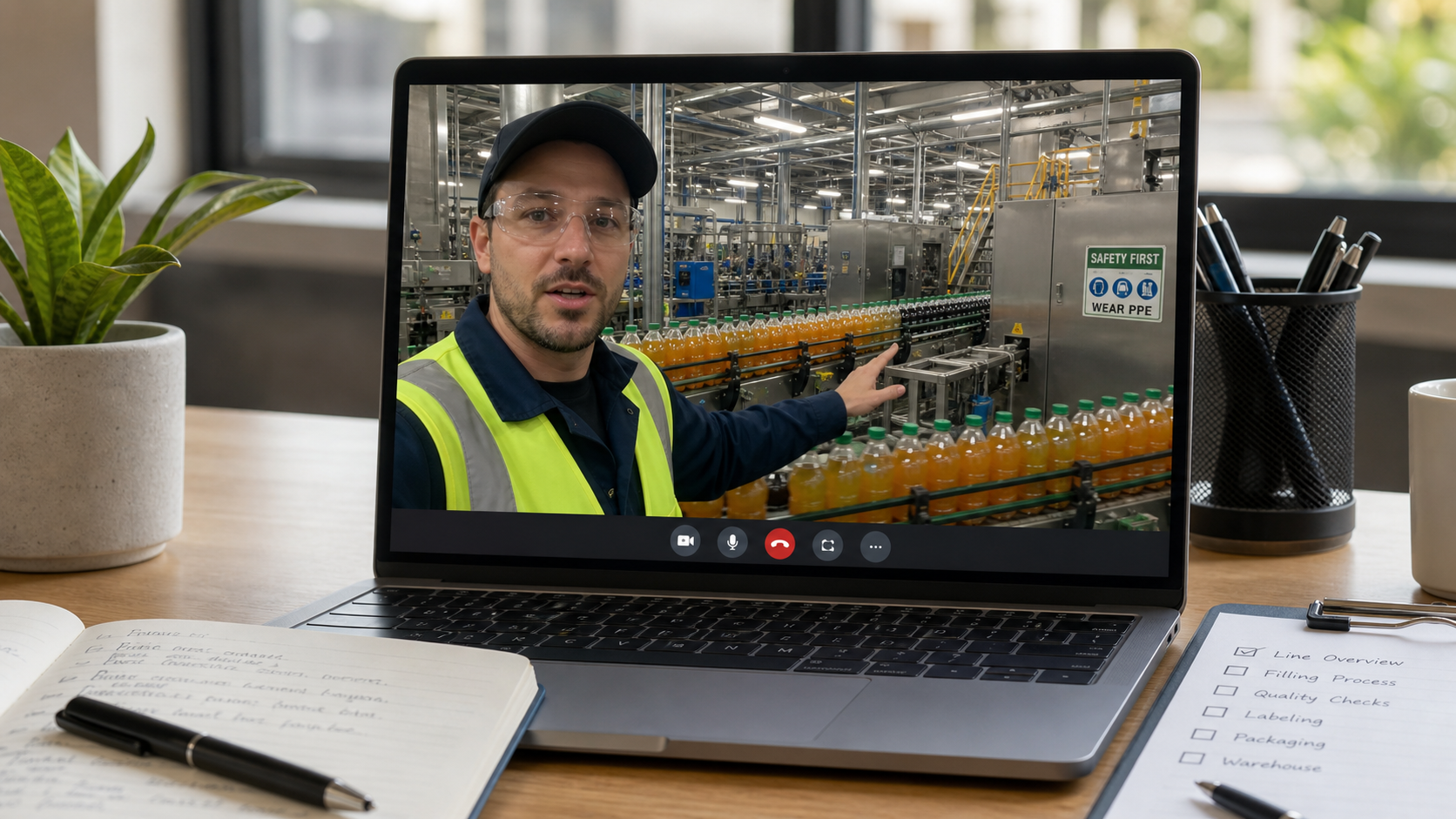 Remote factory audit video call showing drink production walkthrough