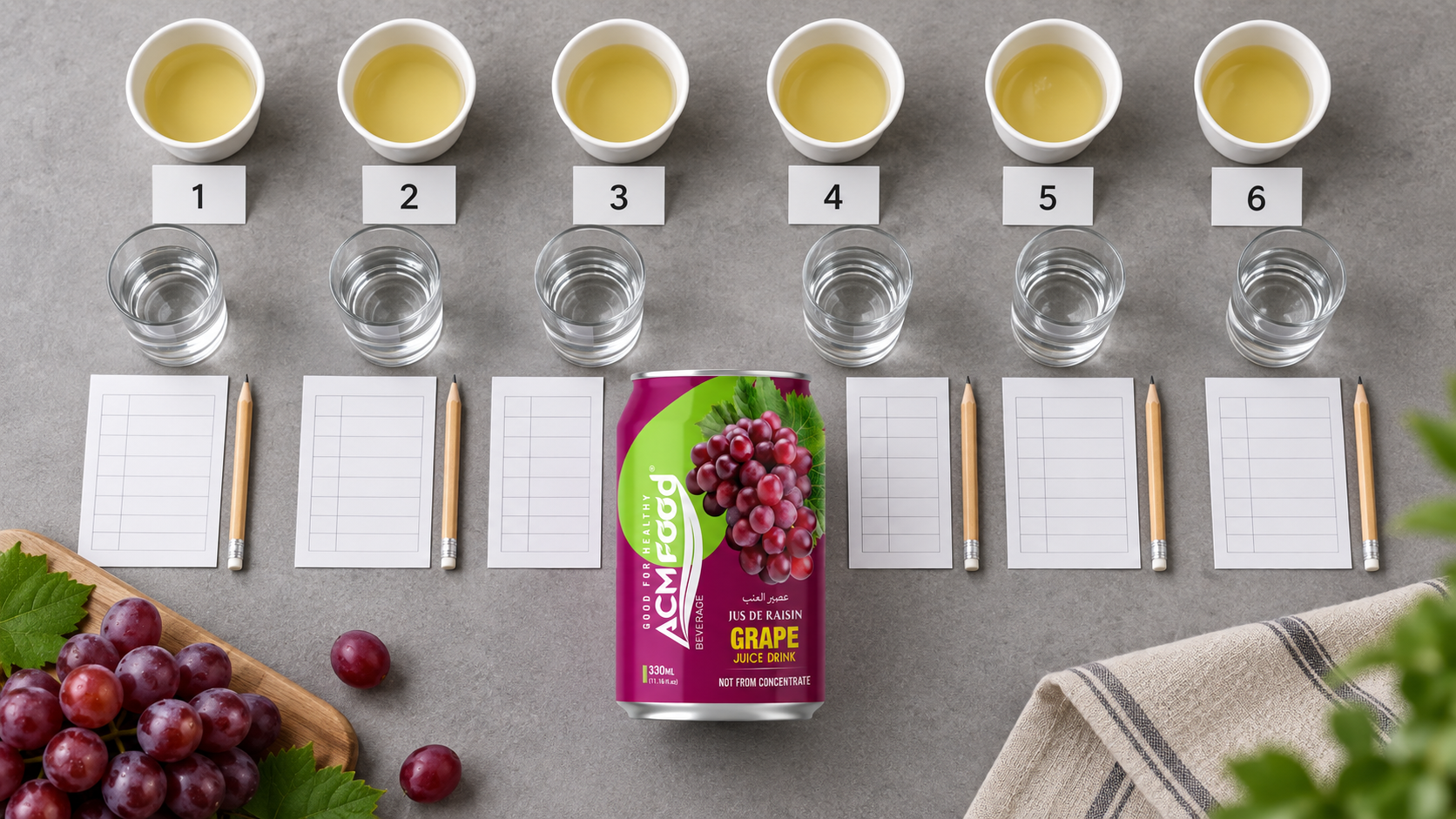 Overhead view of a sensory tasting session: six small identical white cups of pale yellow beverage arranged in a row on a neutral grey surface, each with a plain numbered card, a glass of water and a pencil beside a scoring sheet, even soft studio lighting, realistic commercial photography, landscape composition, no text on the cups