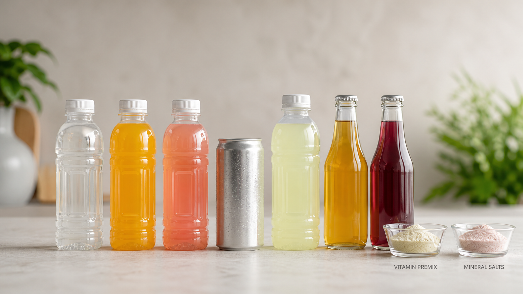 Assorted ready-to-drink beverages with vitamin and mineral fortification displayed on a counter