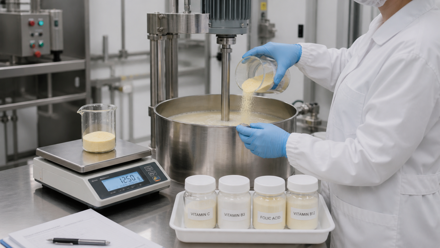 Food technologist blending vitamin premix into beverage during pilot production