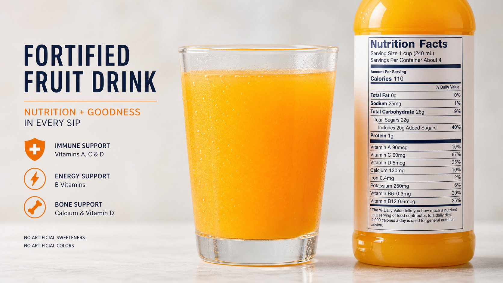 Close-up glass of fortified juice alongside unbranded nutrition label panel