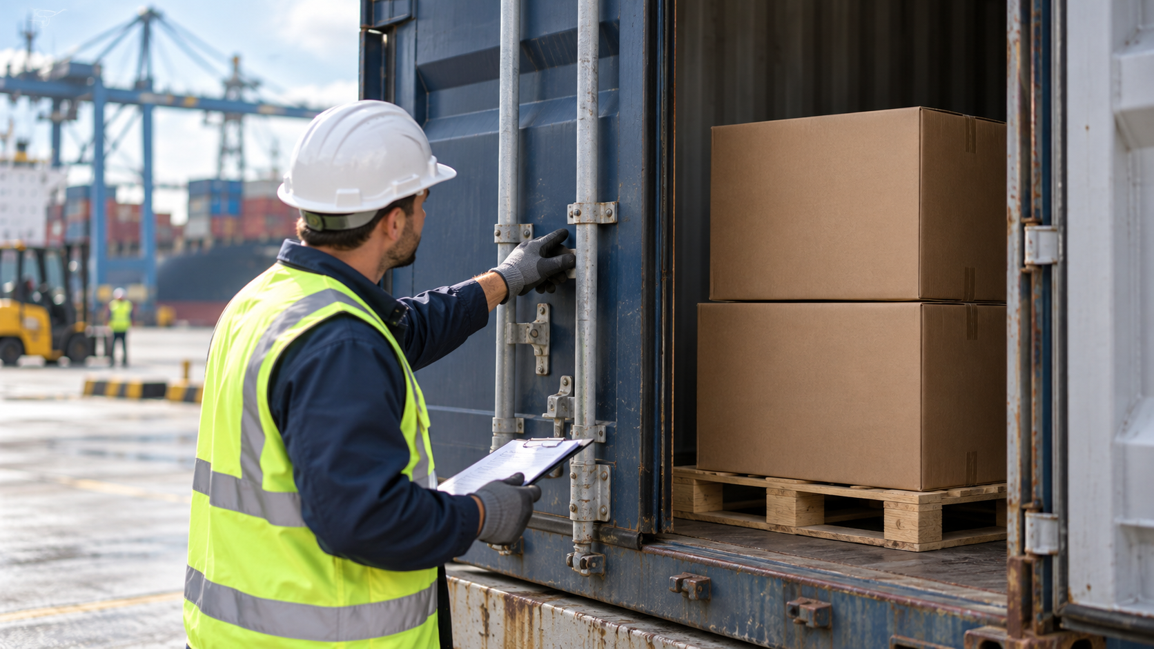 Close-up of a shipping container door being inspected at a port, two unbranded cartons visible inside stacked on a pallet, neutral daylight, shallow depth of field, realistic industrial logistics photography, landscape composition, no visible text or logos
