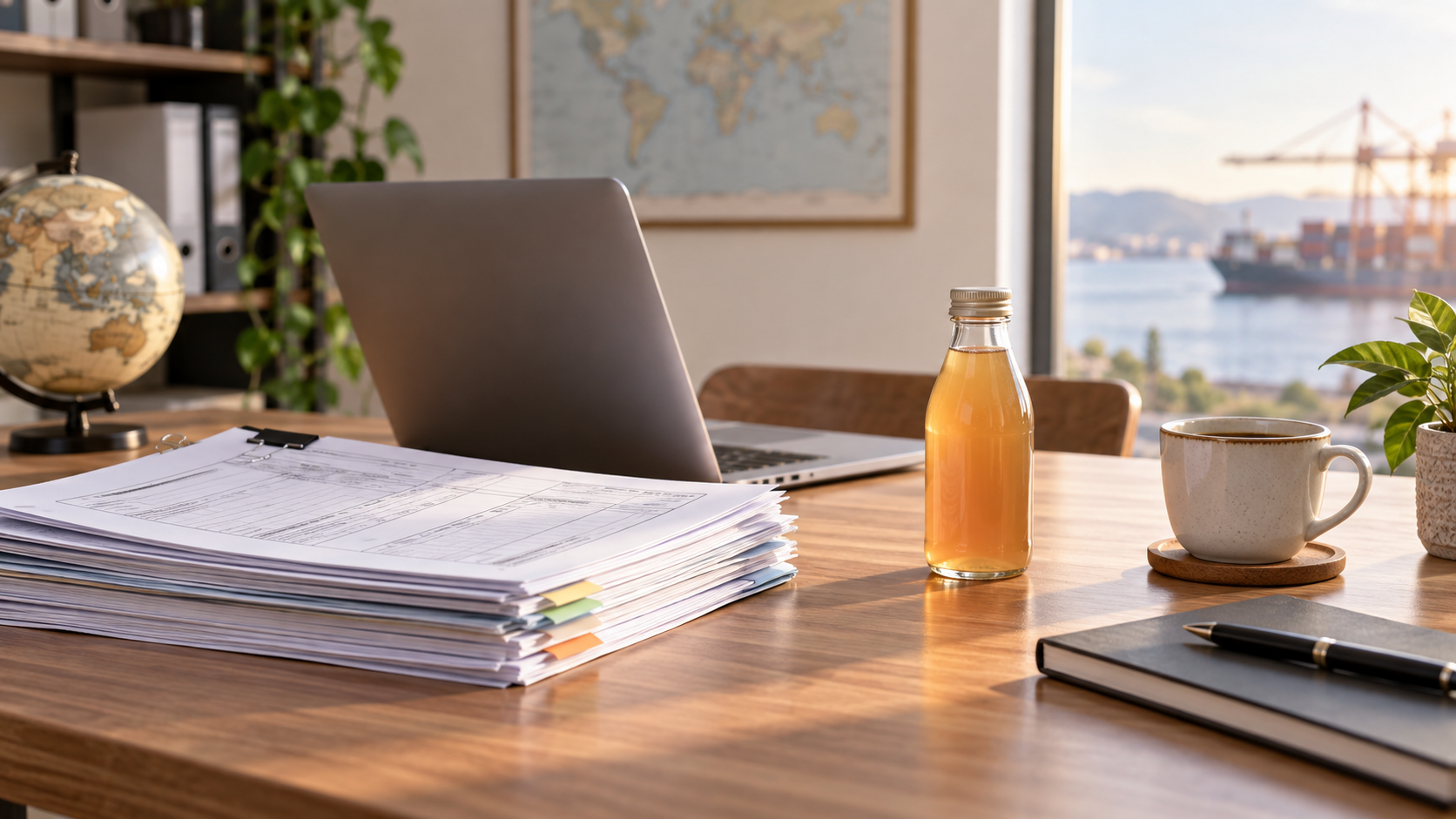 Neat stack of export paperwork beside a laptop on a clean desk, a coffee cup to one side and a small unbranded beverage bottle as a product sample, warm natural window light from the right, generous negative space, realistic commercial business photography, landscape composition