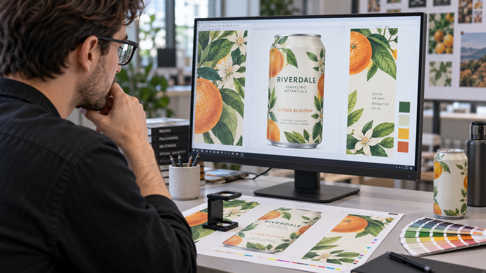 Close-up of a designer reviewing a beverage label proof on a large monitor, a printed colour proof and a loupe on the desk beside it, cool neutral studio lighting, shallow depth of field, realistic commercial workplace photography, landscape composition, artwork on screen not legible