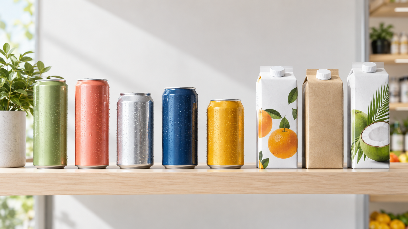 A row of finished unbranded beverage cans and cartons standing on a pale wooden shelf in a bright retail-style setting, soft daylight from the side, clean minimal styling, generous negative space above, realistic commercial product photography, landscape composition
