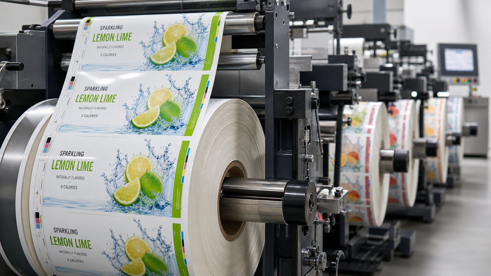 Rolls of beverage labels on a flexo printing press line
