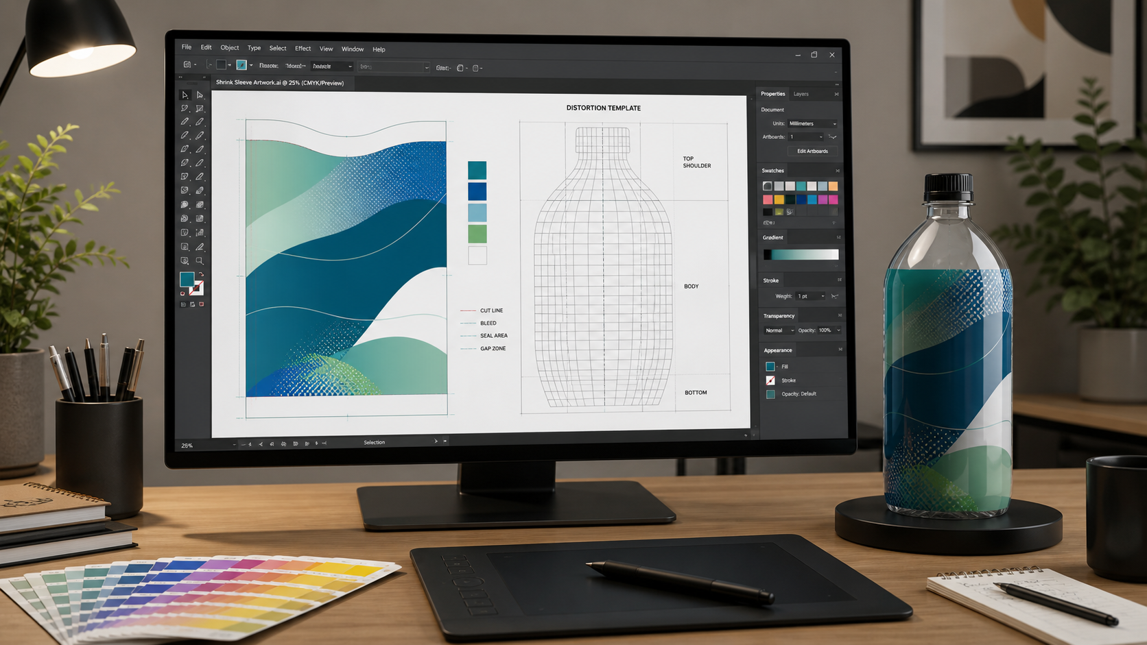 Designer preparing shrink sleeve artwork with distortion template on screen