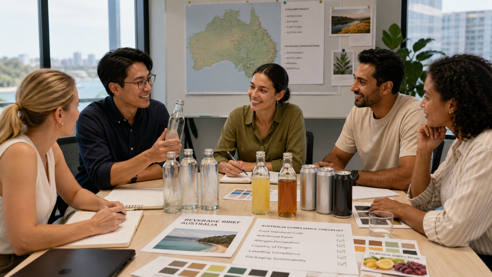 Team reviewing Australian beverage brief and packaging options