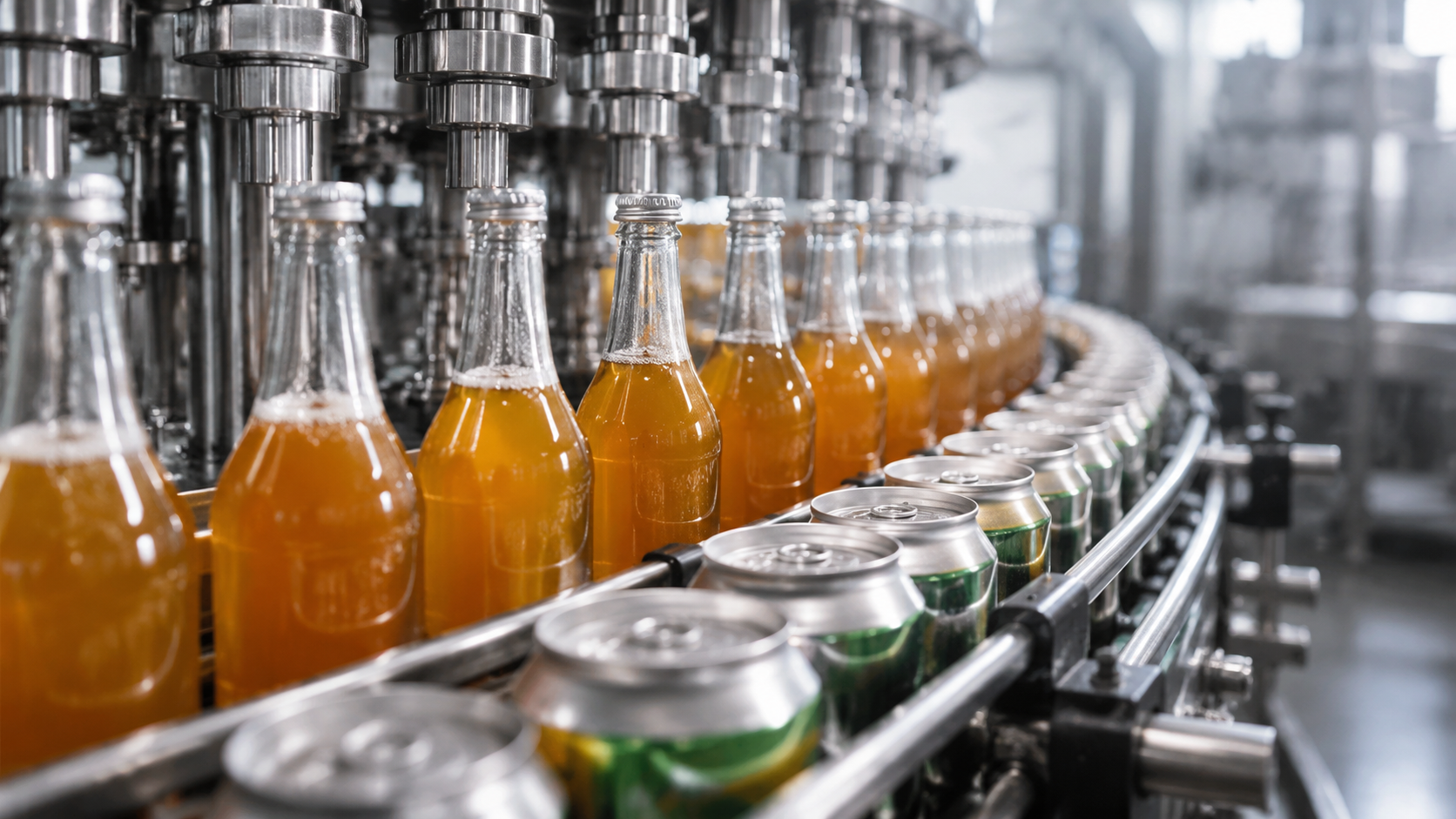 Line of glass bottles and cans ready for filling
