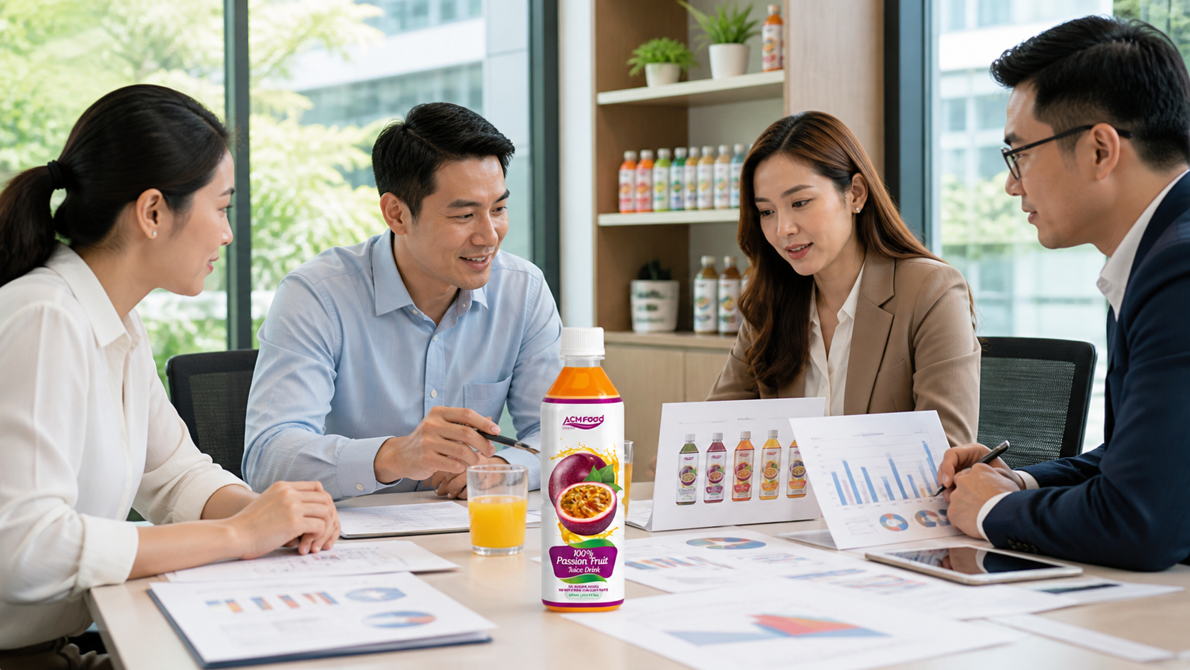 Business team evaluating a manufacturing partner proposal with charts and product samples on a conference table, bright natural light, commercial photography, landscape composition