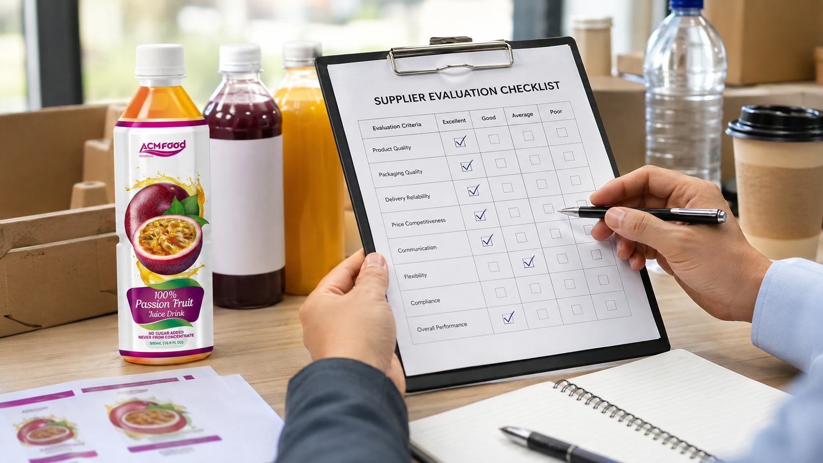 Close-up of hands reviewing a supplier evaluation checklist next to beverage packaging samples, soft office lighting, commercial photography, landscape composition