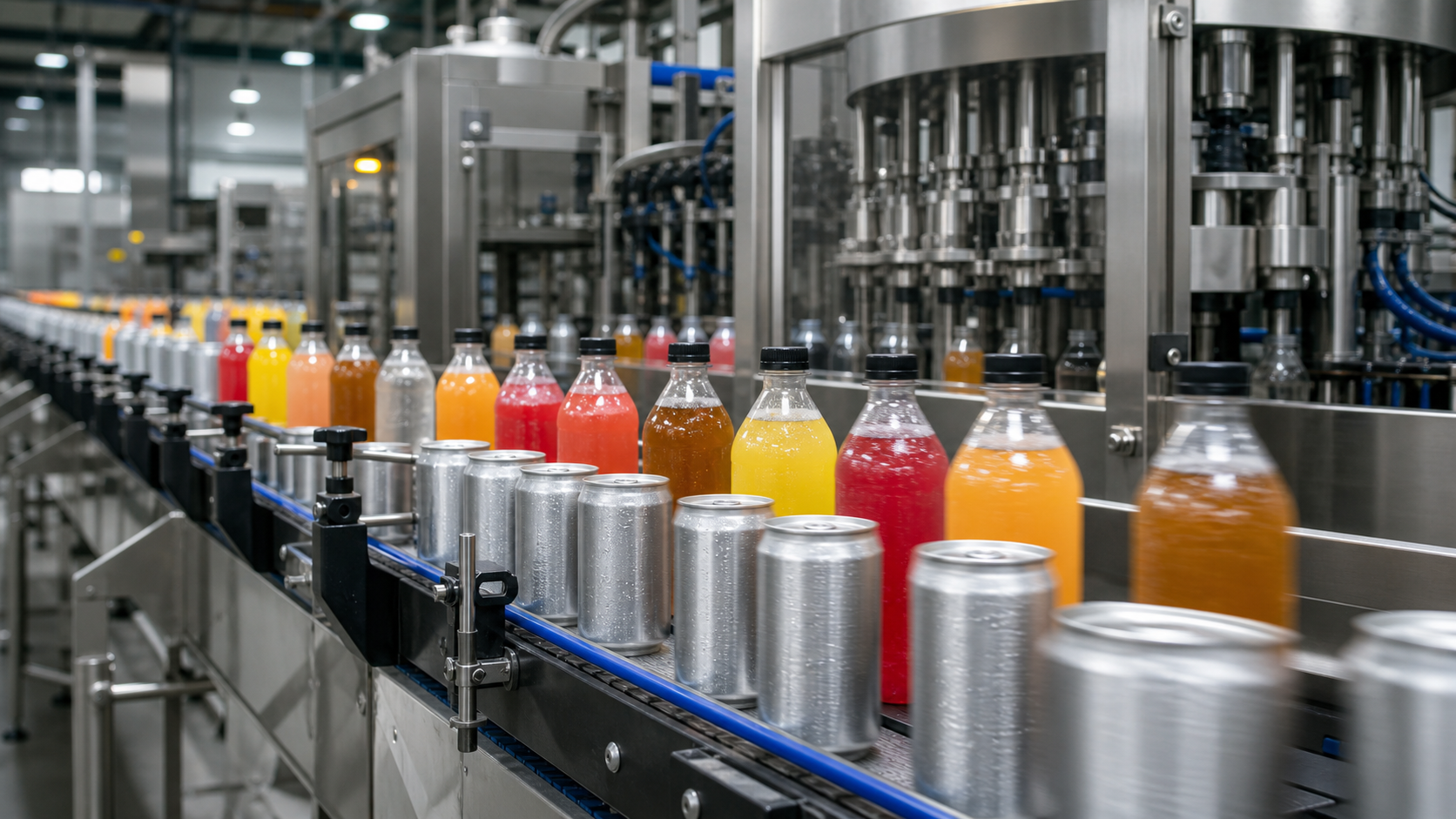 Modern beverage production line with assorted cans and PET bottles