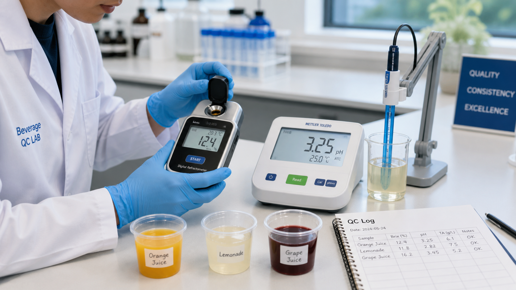 Technician testing beverage Brix and acidity in a QC lab