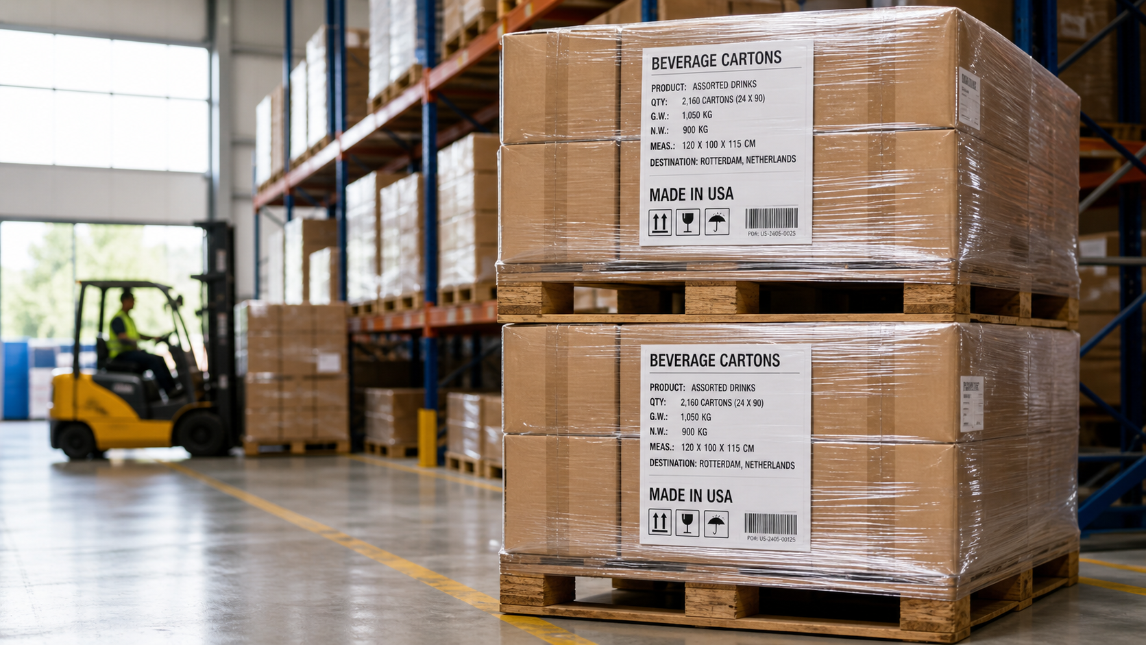 Palletized beverage cartons wrapped for U.S. export in warehouse