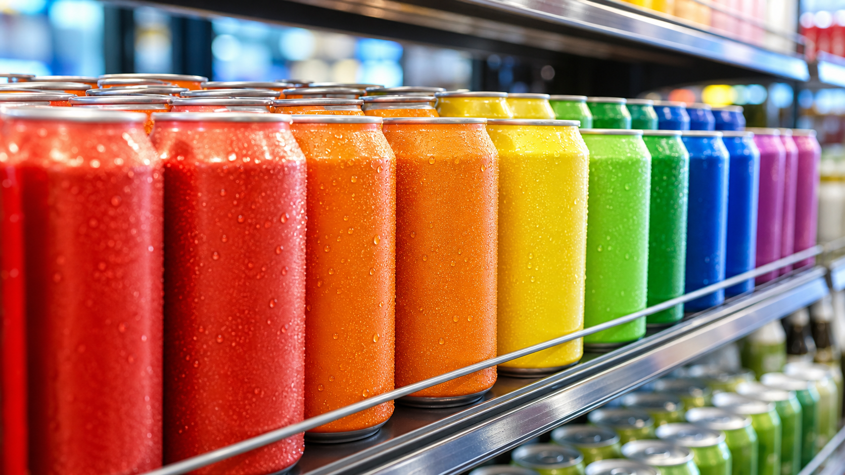 Ice-cold canned drinks on a clean retail shelf with bright lighting