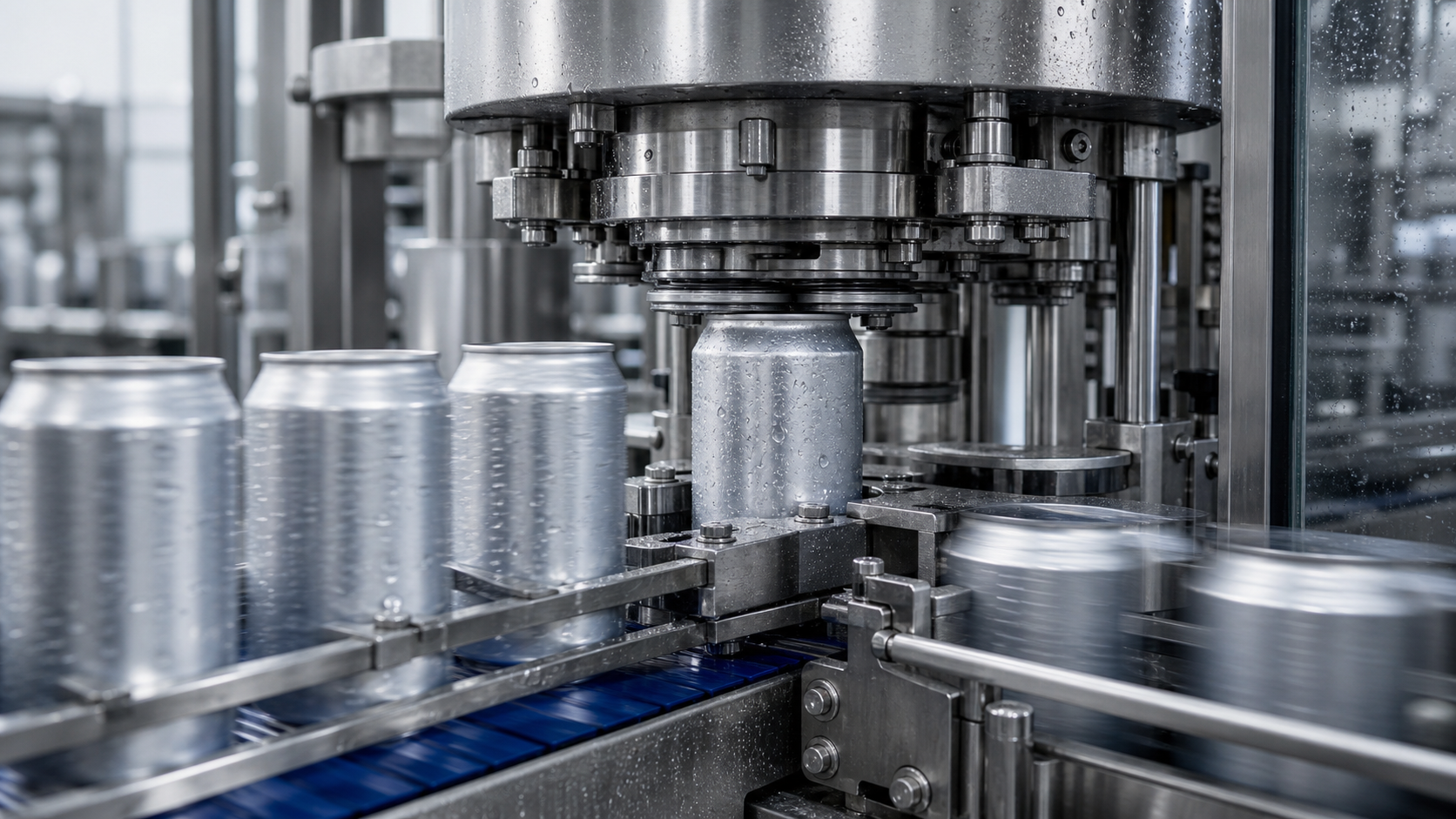 Modern beverage filling line sealing aluminum cans in a sterile facility