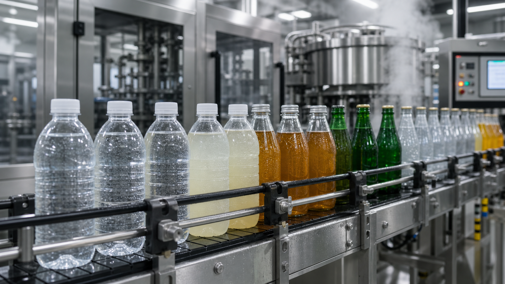 Assorted bottled beverages on a production line in a modern facility