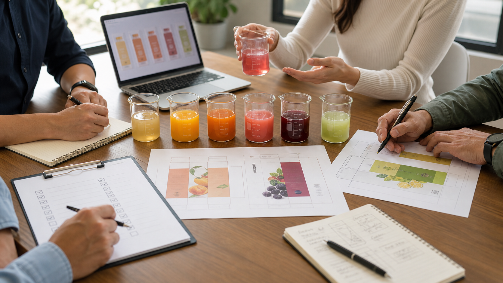 Team reviewing beverage formulas and packaging dielines during product development