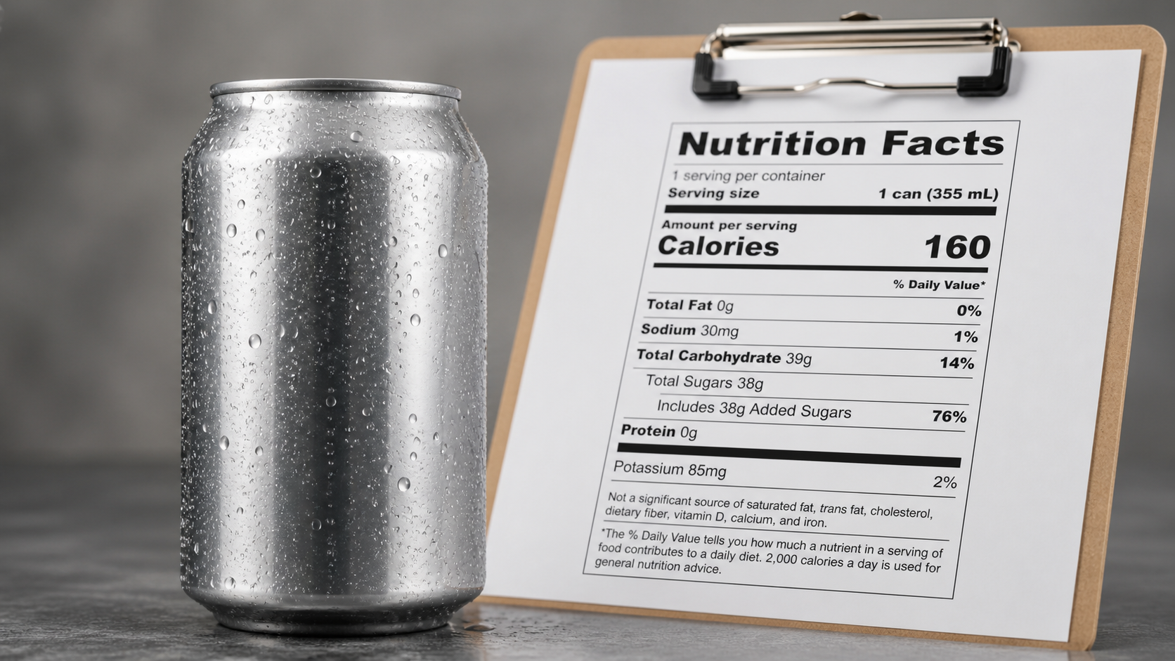Close-up of canned fruit beverage with condensation and clean nutrition label