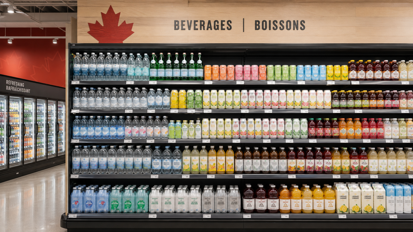 Beverage aisle in a Canadian grocery with bilingual English–French labels