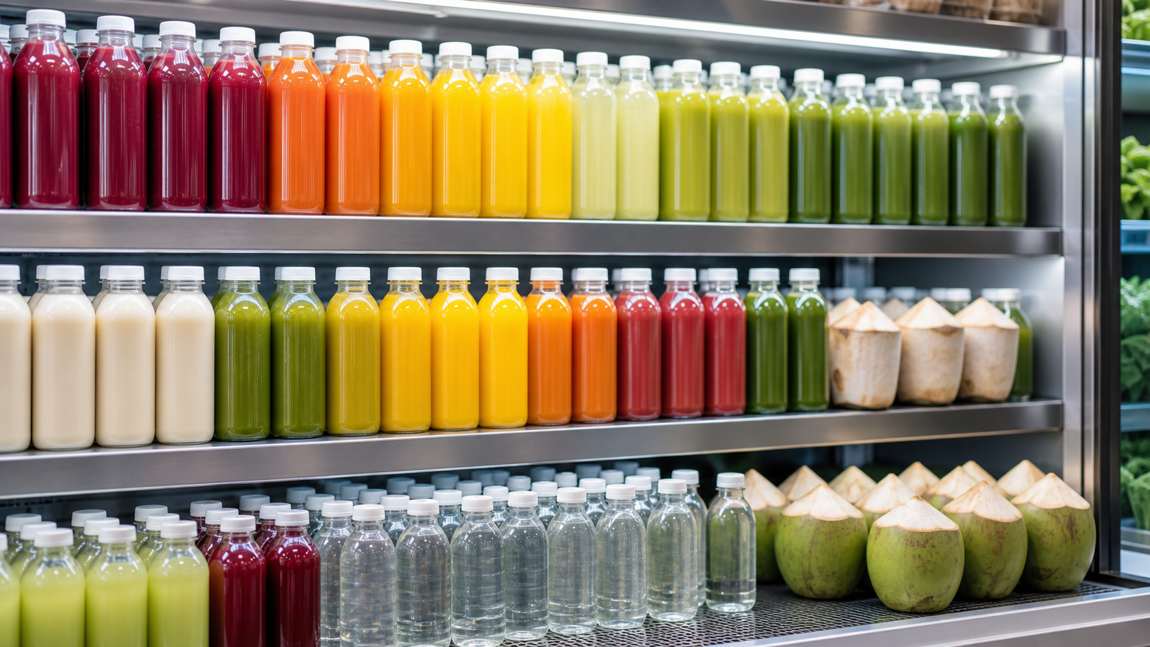 Cold-pressed juices and coconut water in a natural & organic Canadian store