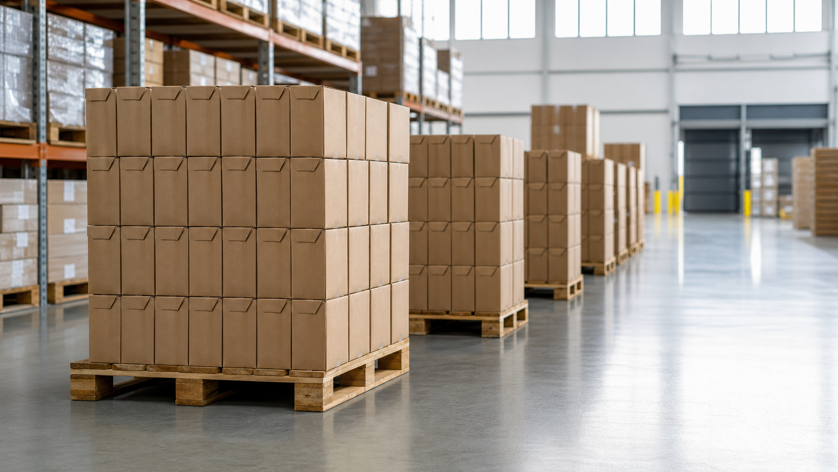 Pallets of unbranded beverage cartons stacked in a clean warehouse