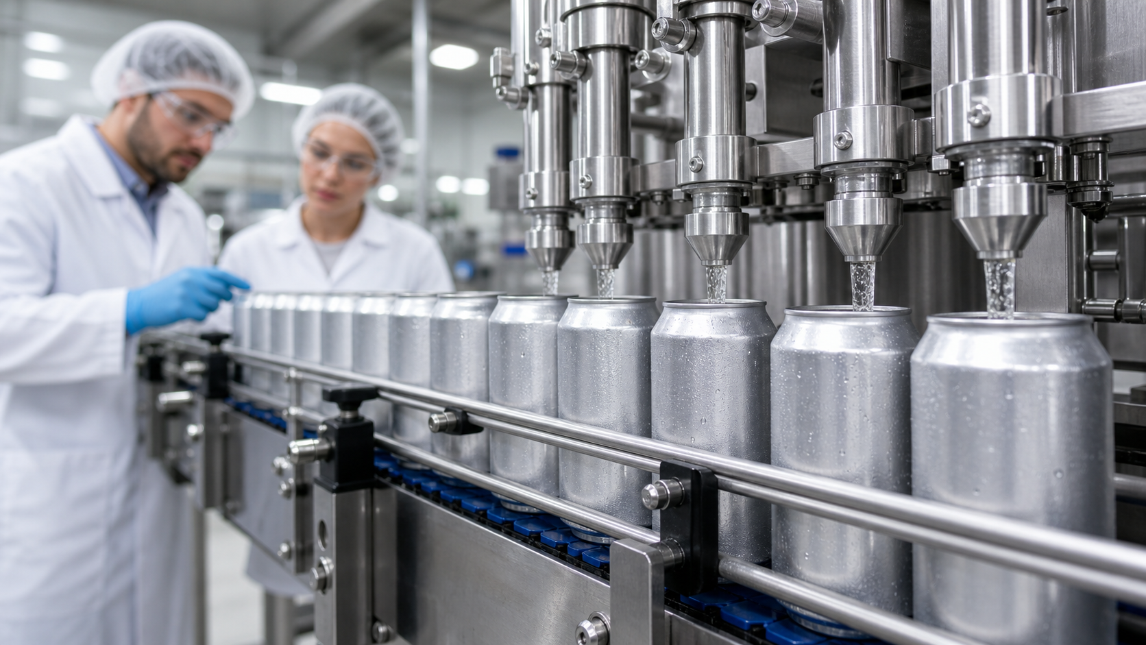 Aluminum cans on a beverage filling line with operators inspecting quality