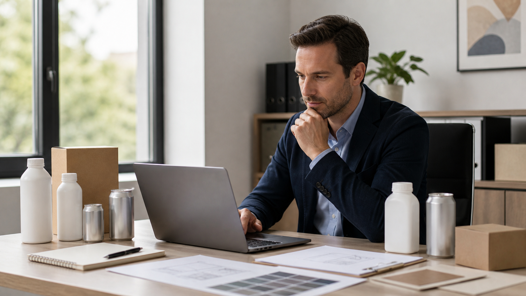 Buyer reviewing MOQ and packaging options on laptop at office desk
