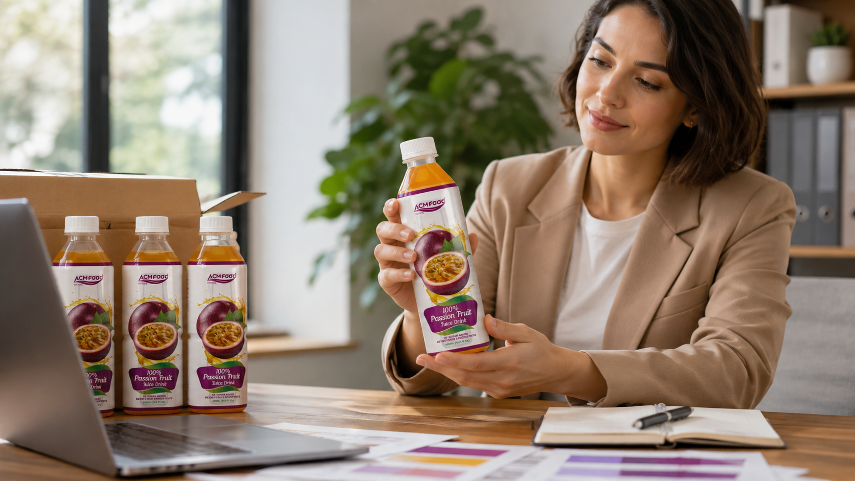 Beverage brand manager reviewing a small trial order of sample bottles on a table, natural office light, commercial photography, landscape composition
