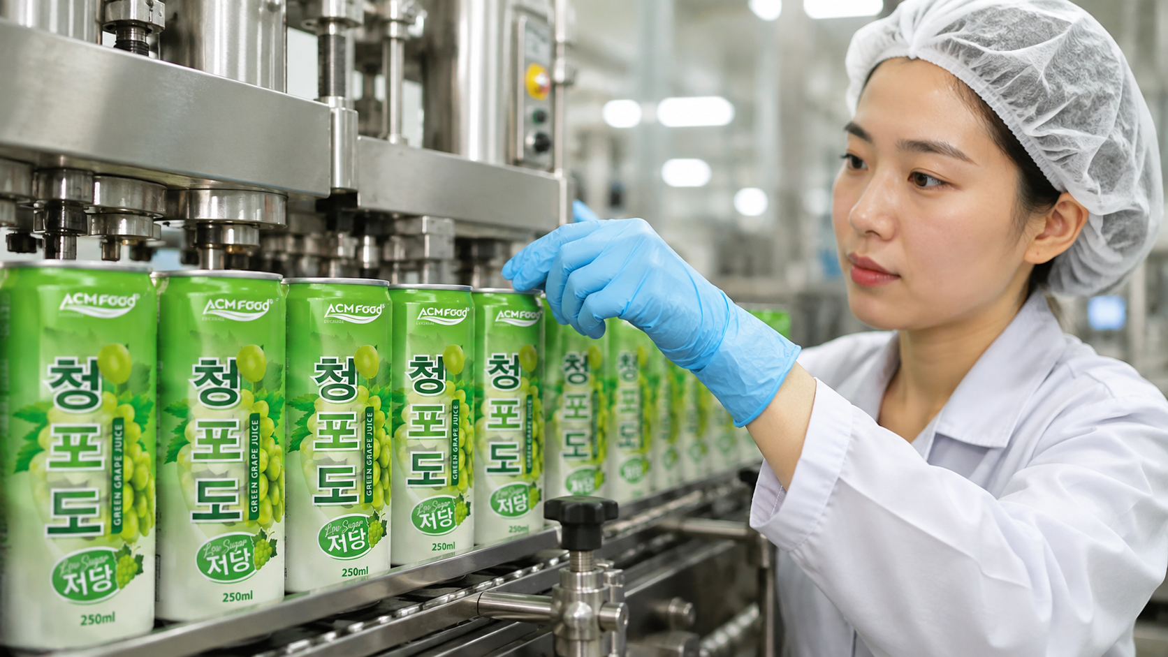 Close-up of a production line worker inspecting bottle caps on a beverage filling line, bright industrial lighting, commercial photography, landscape composition