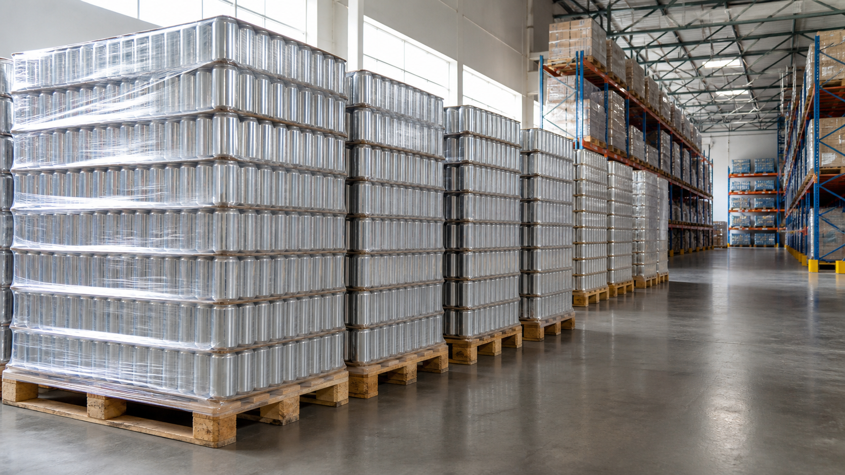 Pallets of beverage cans stacked in a clean U.S. warehouse