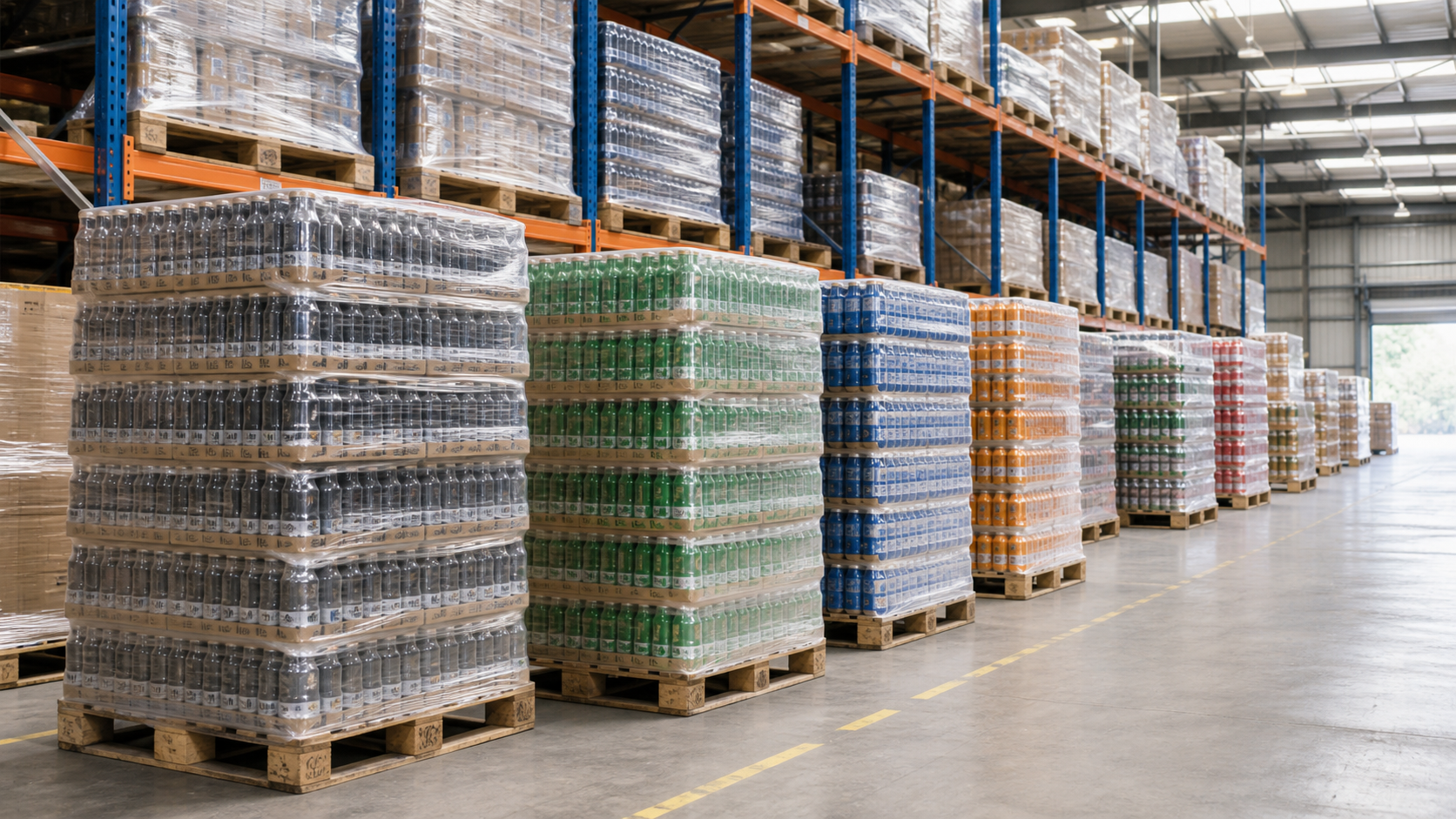 Pallets of shrink-wrapped beverage cases stacked in a warehouse aisle