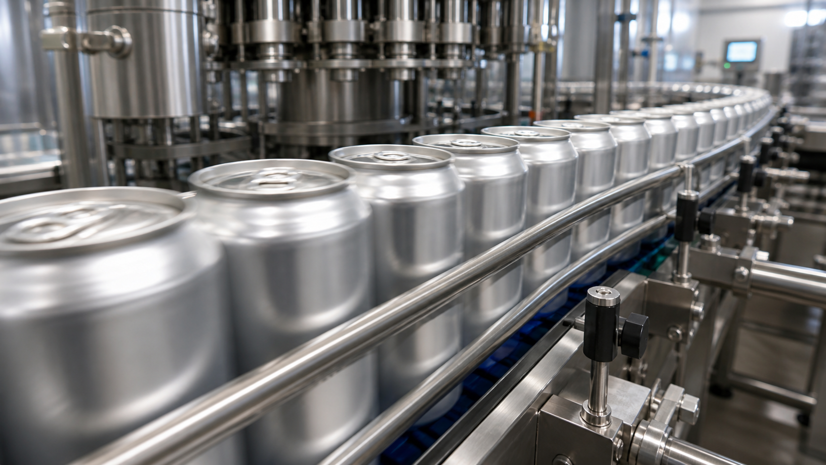 Aluminum beverage cans moving along a high-speed filling line