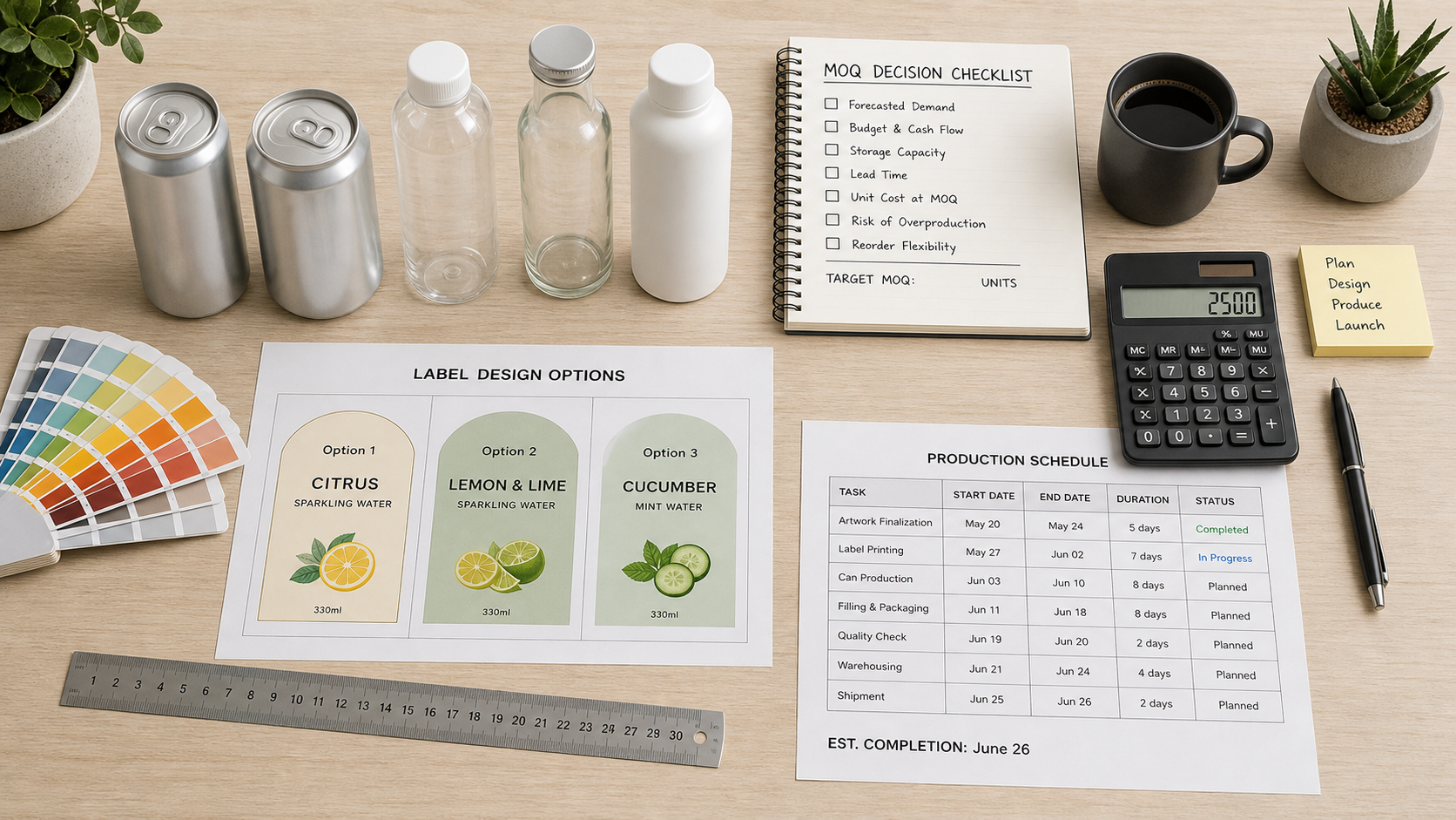 Desk with sample cans, bottles, labels, calculator and production schedule
