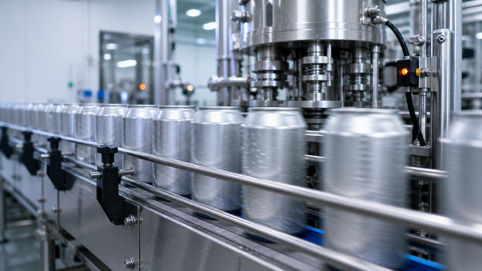 Automated beverage canning line with filled cans moving on conveyor