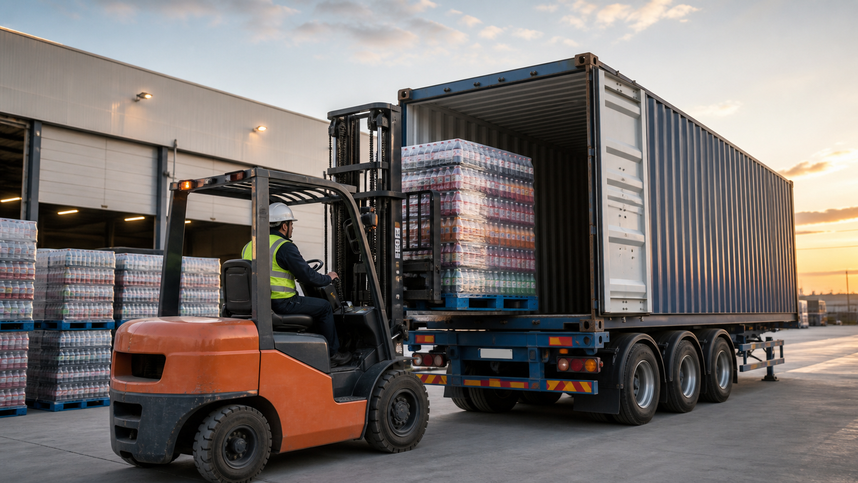 Forklift loading beverage pallets into an intermodal shipping container