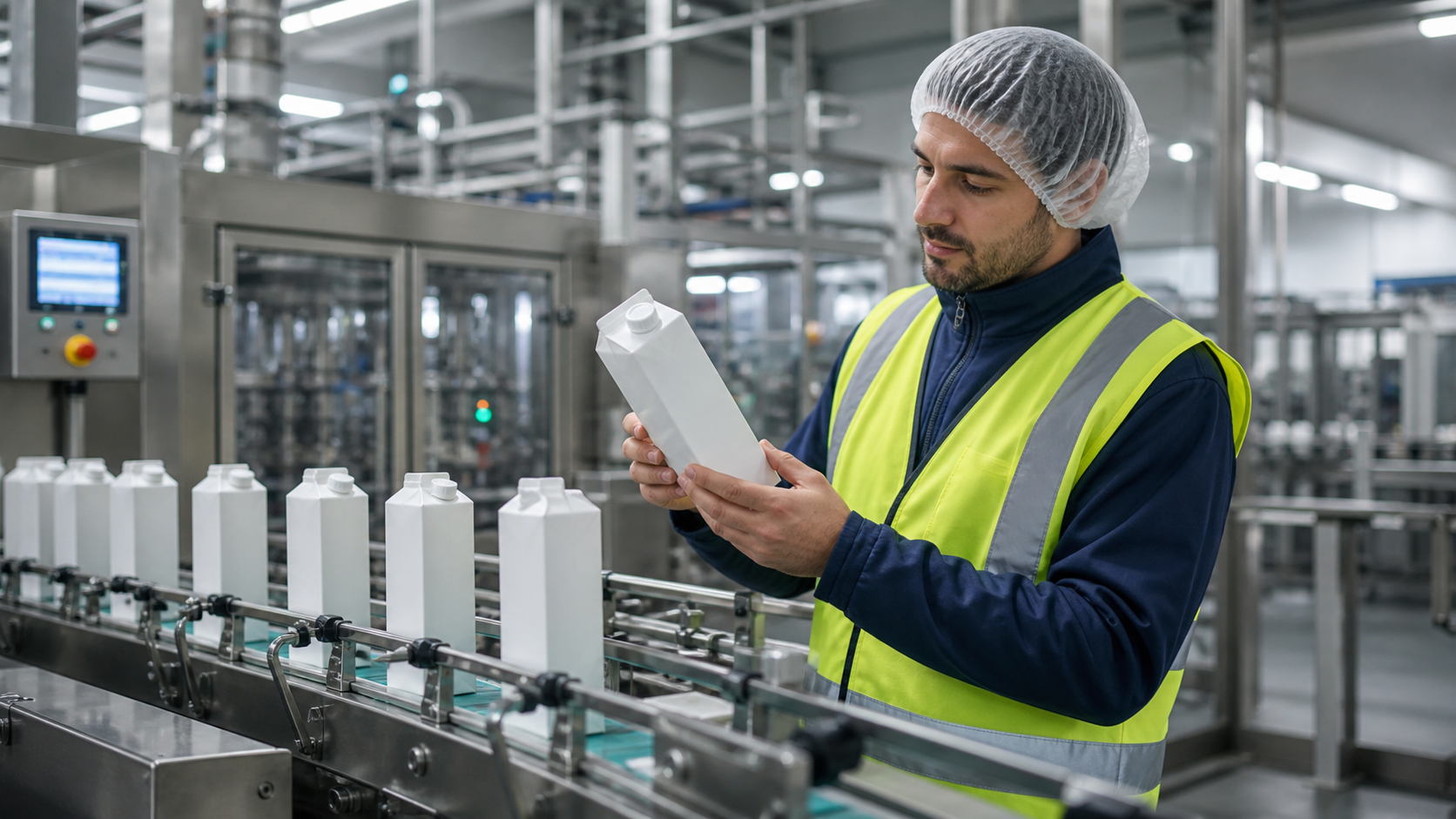 Worker inspecting aseptic beverage cartons on a production line