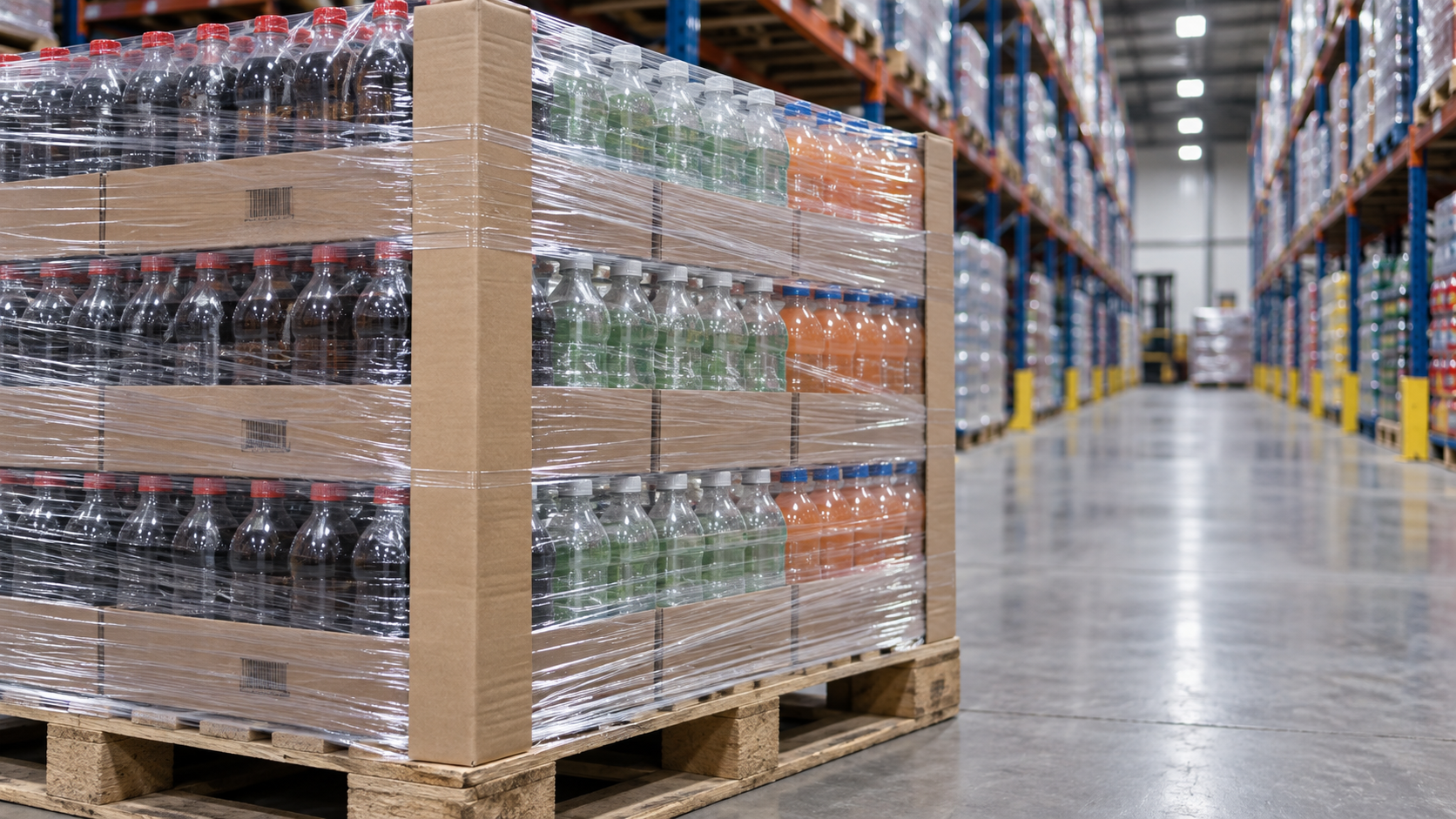 Close up of a stretch wrapped pallet of beverage cases with cardboard corner protectors in a warehouse aisle, warehouse racking receding into soft focus behind, cool even industrial lighting, realistic proportions, commercial logistics photography, landscape composition