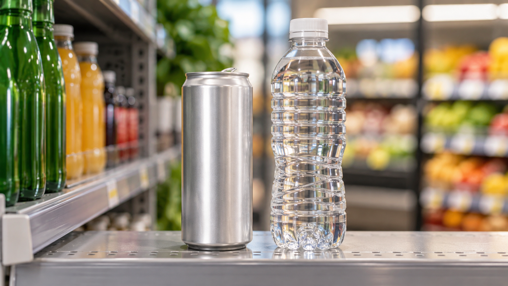 Unbranded beverage can and PET bottle standing side by side on a retail shelf edge with soft supermarket lighting and blurred shelving behind, clean product styling with no visible branding, commercial retail photography, landscape composition