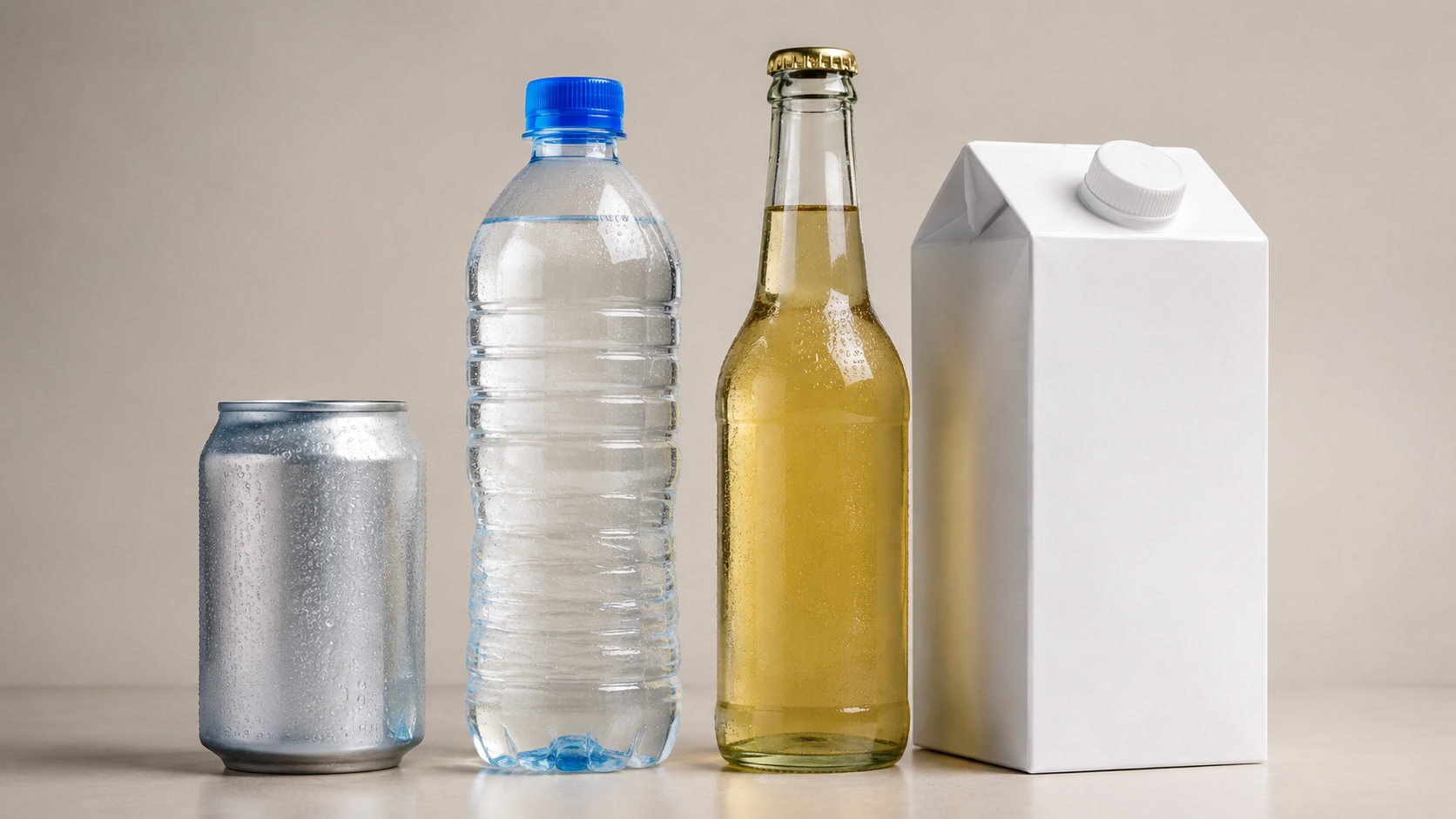 Assorted beverage packaging formats — aluminum can, PET bottle, glass bottle, and aseptic carton — arranged together on a clean studio surface, soft even lighting, commercial product photography, landscape composition