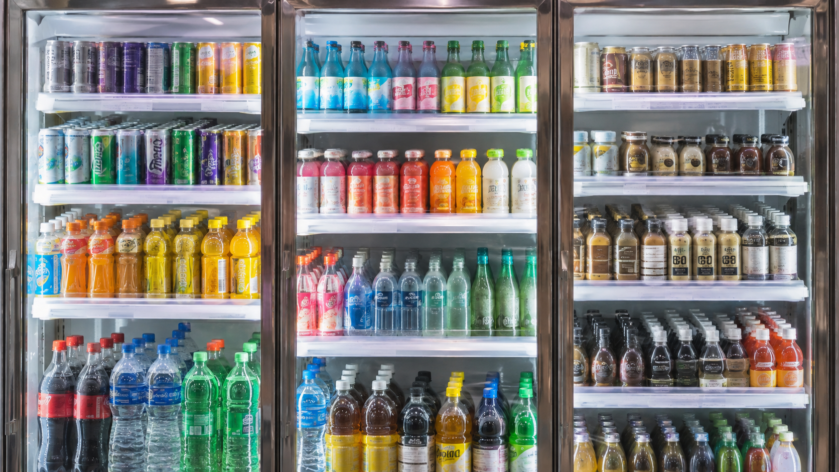 Convenience store beverage cooler stocked with canned and bottled drinks in Korea, bright retail lighting, commercial photography, landscape composition